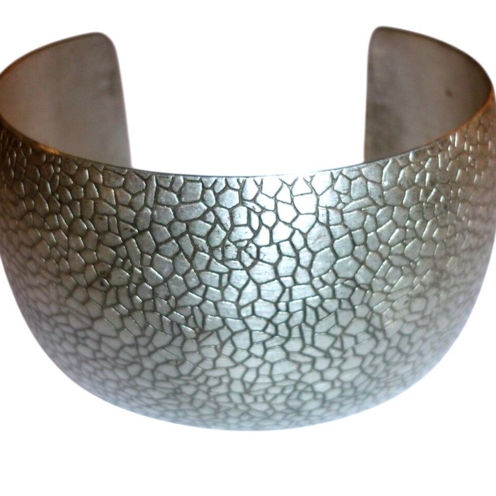 Vintage Silver Tone Textured Mosaic Cracked Earth Wide Statement Cuff Bracelet